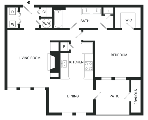 Floor plan for 1 bed, 1 bath, 858 sqft